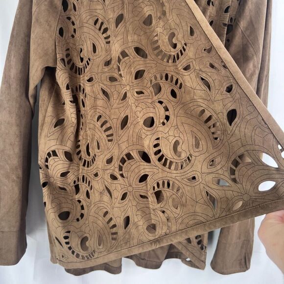 Erin London Brown Suede Cut Out Floral Open Front Waterfall Boho Cardigan Sz MD - Picture 6 of 10